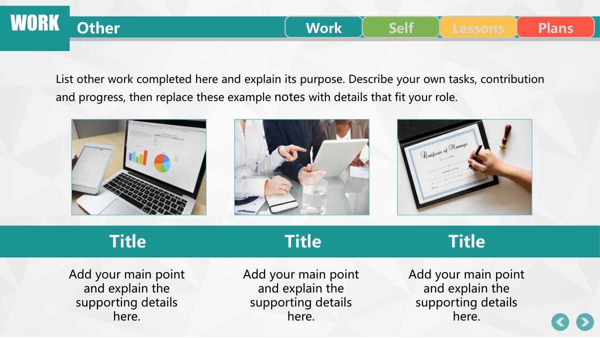 Colorful Circle Career Review Presentation Template: Three photographs show a chart on a laptop, a tablet discussion and a certificate being signed. A continuous teal heading strip joins the three note columns beneath.