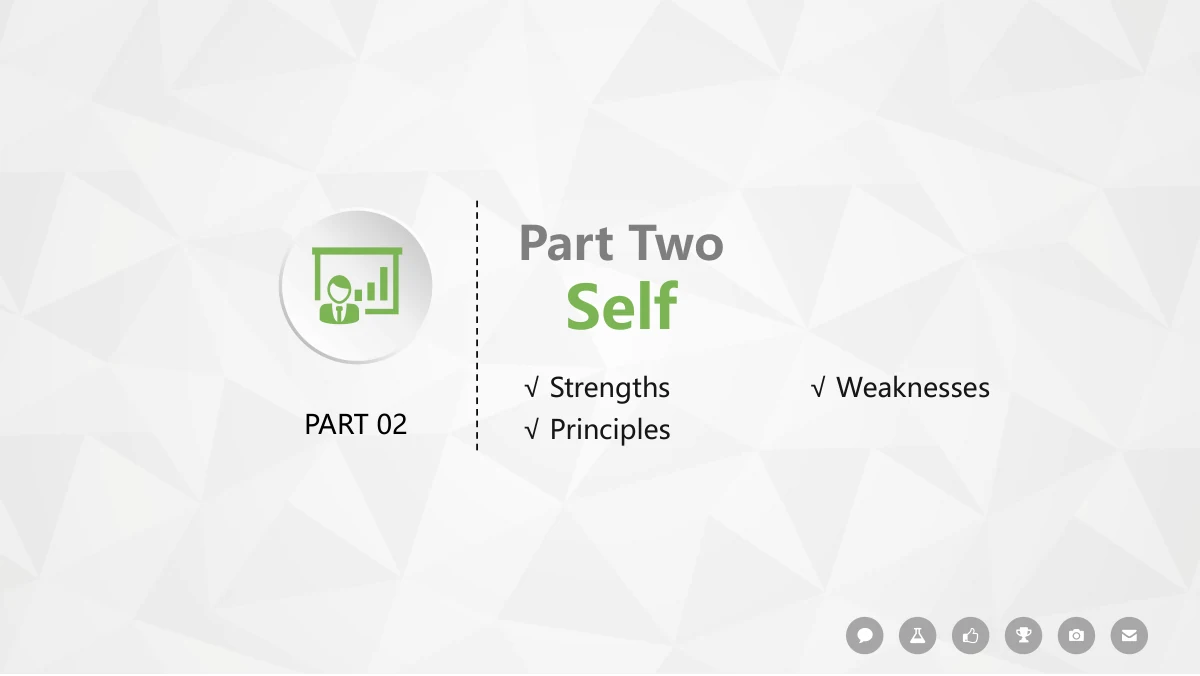 Colorful Circle Career Review Presentation Template: The second chapter uses a green heading beside a grey disc bearing a presenter-and-chart symbol and a dotted vertical rule. Three checked topics introduce strengths, weaknesses and guiding principles.
