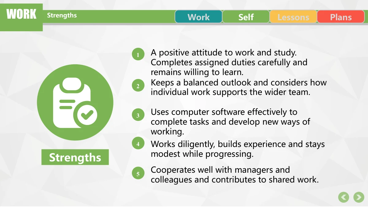 Colorful Circle Career Review Presentation Template: A large green clipboard and checkmark symbol sits on the left. Five green numbered circles lead separate notes about strengths on the right.