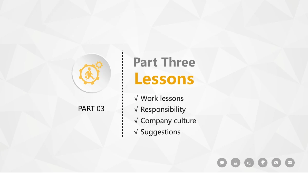 Colorful Circle Career Review Presentation Template: The third chapter uses a yellow heading beside a grey disc bearing a worker-and-gears symbol. Four checked topics introduce work lessons, responsibility, culture and suggestions.