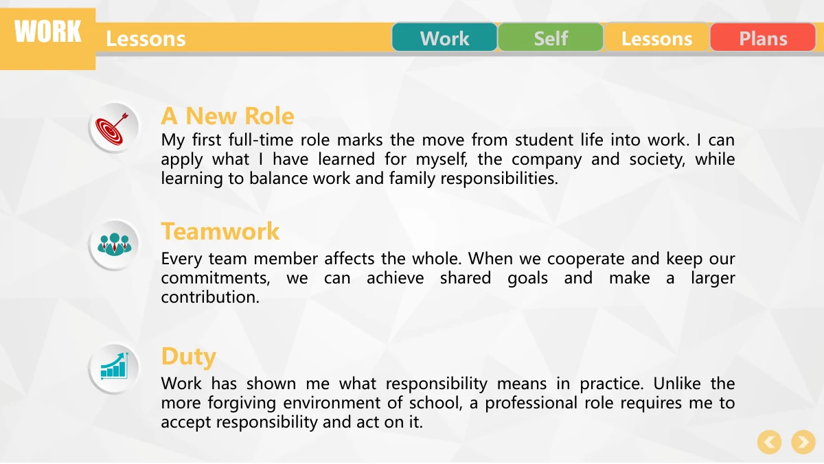 Colorful Circle Career Review Presentation Template: Three circular symbols line up vertically on the left. Yellow headings and longer explanatory paragraphs form three corresponding rows to the right.