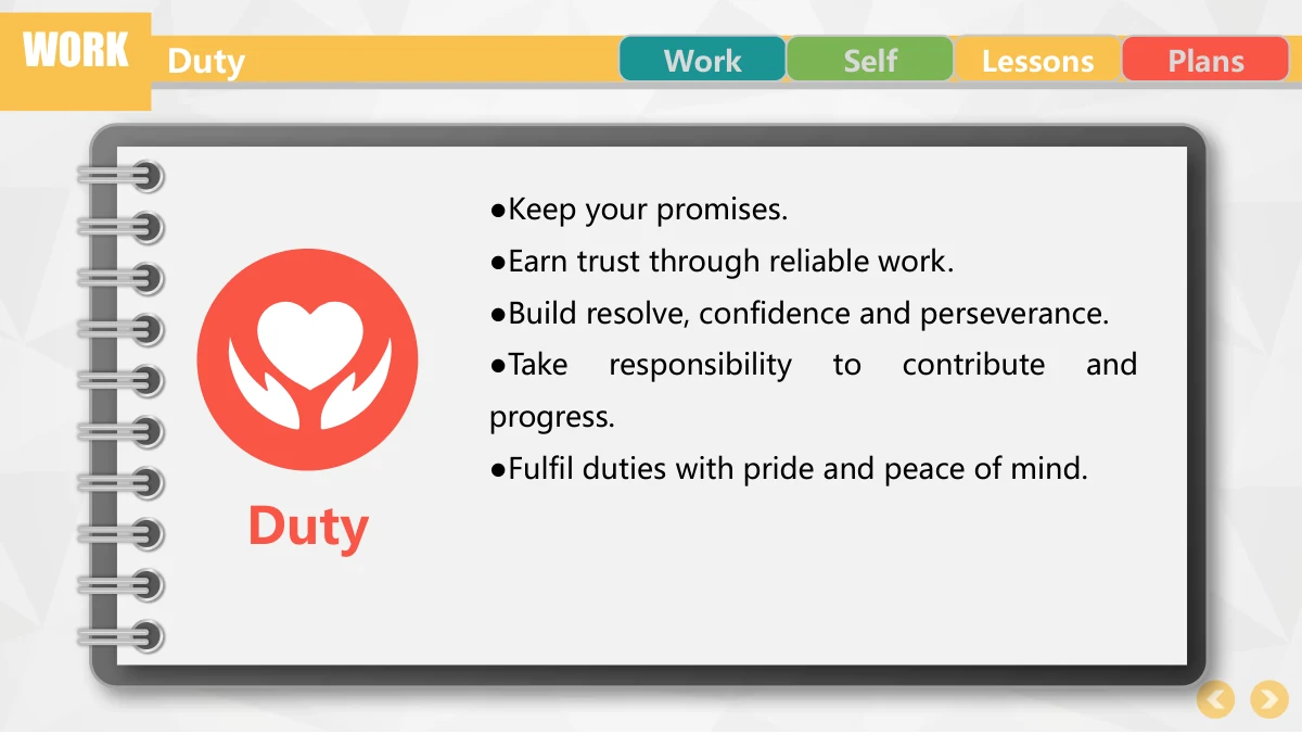 Colorful Circle Career Review Presentation Template: A dark ring-binder frame surrounds a large heart-in-hands symbol and a responsibility heading on the left. Bullet notes fill the right side of the open notebook.