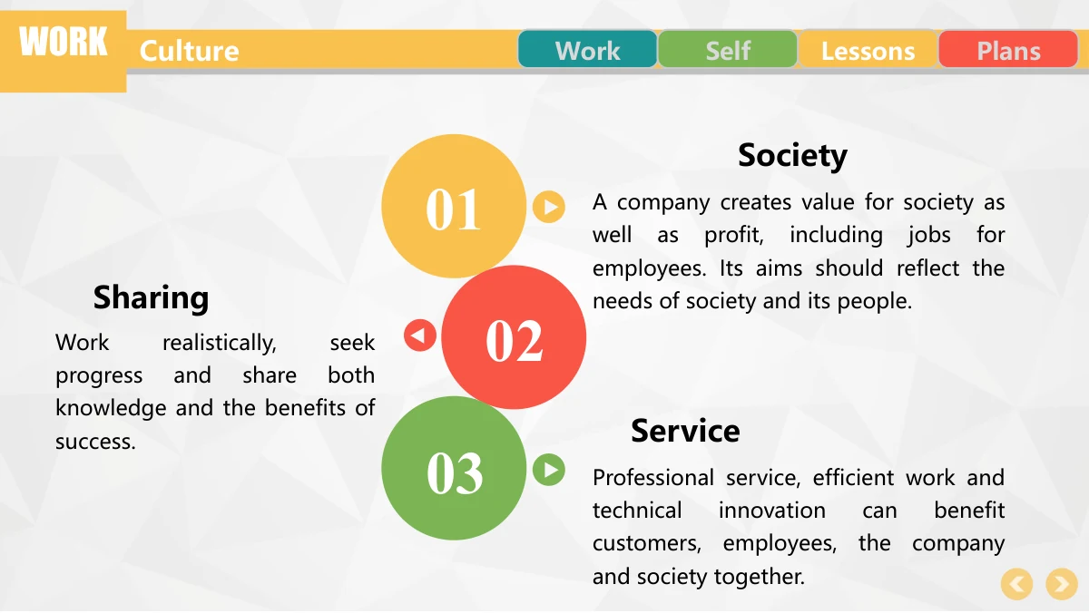 Colorful Circle Career Review Presentation Template: Three large coloured circles labelled 01, 02 and 03 overlap in a vertical sequence. Alternating headings and paragraphs describe workplace-culture themes around them.