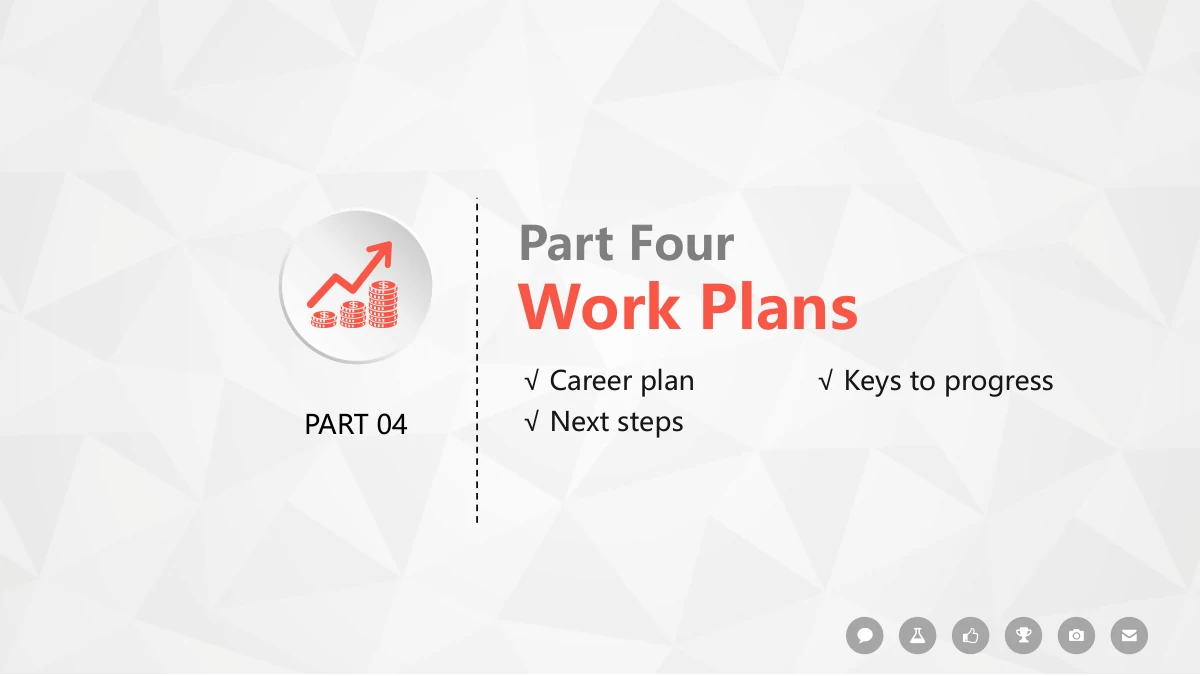 Colorful Circle Career Review Presentation Template: The fourth chapter uses a coral heading beside a grey disc bearing a rising arrow and coins. Three checked topics introduce career planning, goals and the next work plan.