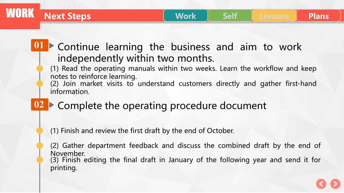 Colorful Circle Career Review Presentation Template: A thin vertical line on the left connects orange number blocks 01 and 02 with smaller subtask markers. Long task notes and date guidance extend to the right.