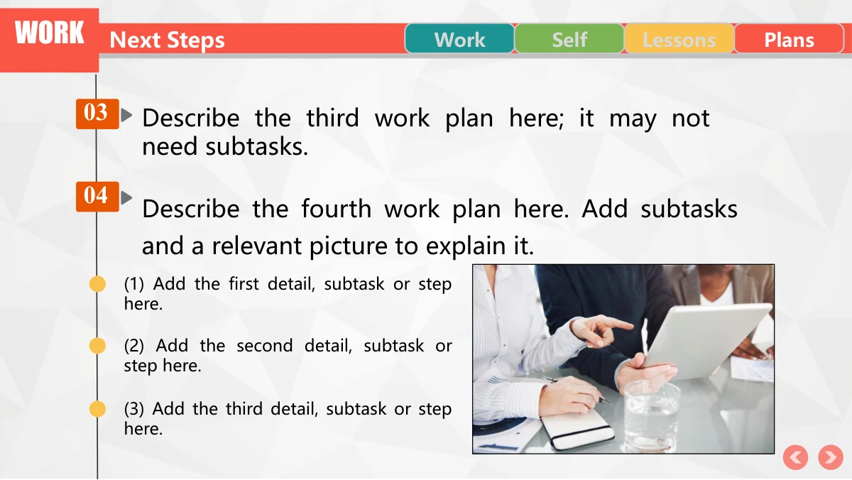 Colorful Circle Career Review Presentation Template: The task timeline continues with orange number blocks 03 and 04 and smaller subtask markers. A tablet-discussion photograph occupies the lower right.