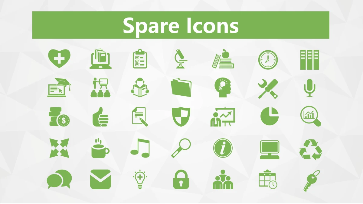 Colorful Circle Career Review Presentation Template: A green heading strip sits above five rows of spare icons. The sheet includes business, learning, communication, calendar and device symbols.