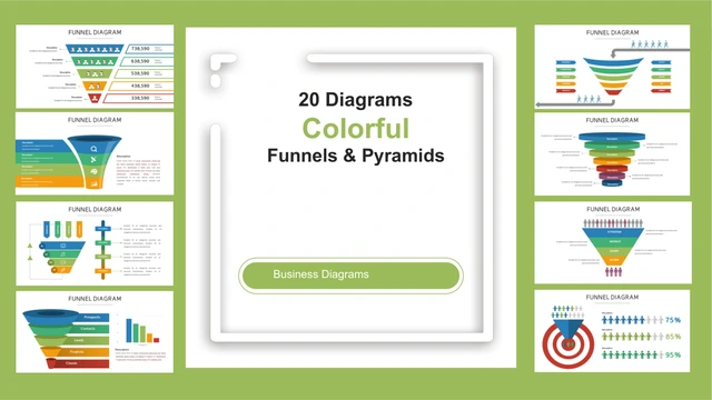 Bingkai hijau limau mengelilingi lapan imej kecil corong dan panel putih bertulis 20 Diagrams, Colorful, Funnels & Pyramids dan Business Diagrams.