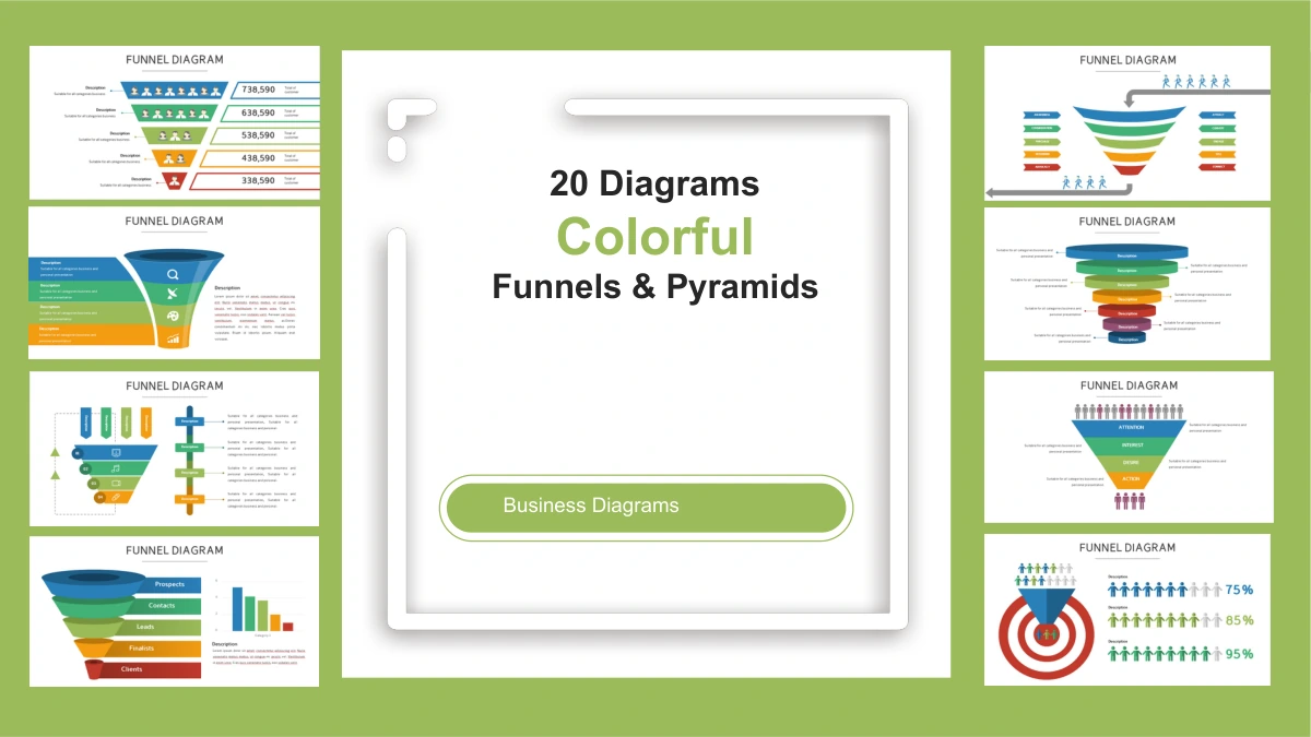Bingkai hijau limau mengelilingi lapan imej kecil corong dan panel putih bertulis 20 Diagrams, Colorful, Funnels & Pyramids dan Business Diagrams.