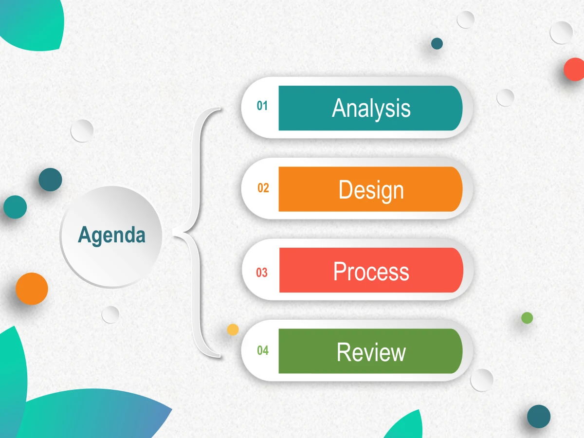 Colorful Petal Teaching Plan Presentation Template: Four rounded white cards carry numbered teal, orange, coral and green chapter tabs. A shaded contents disc and a tall brace connect the four sections.