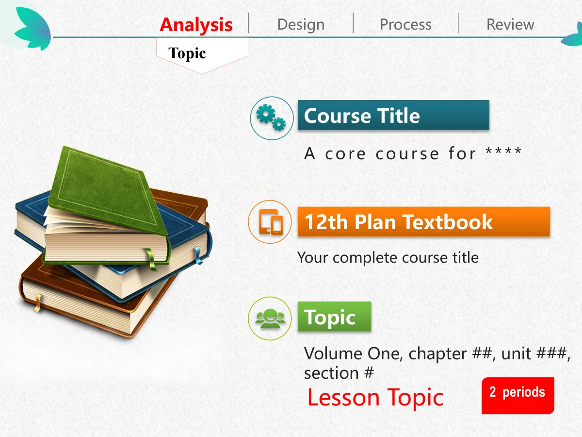 Colorful Petal Teaching Plan Presentation Template: An illustrated stack of books sits left of three coloured icon labels. The right side leaves room for course, textbook and lesson-content notes.