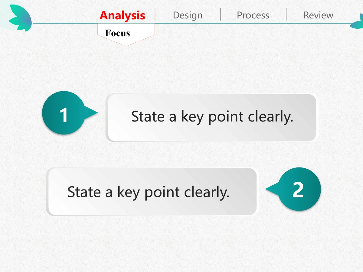 Colorful Petal Teaching Plan Presentation Template: Two long shaded white note panels alternate across the page. Teal circular pointers numbered 1 and 2 connect to their opposite ends.