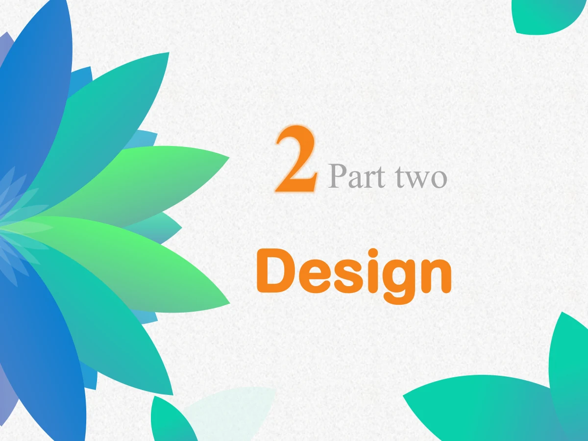 Colorful Petal Teaching Plan Presentation Template: Layered blue-green petals rise along the left edge. An orange 2 and the chapter-title area sit beside Part two on the pale textured background.