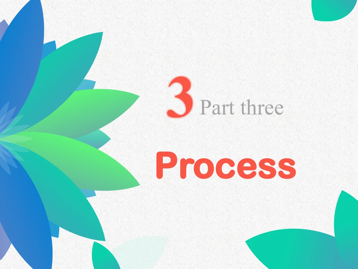 Colorful Petal Teaching Plan Presentation Template: Layered blue-green petals fill the left edge. A coral 3, Part three and the chapter-title area introduce the classroom-work section.