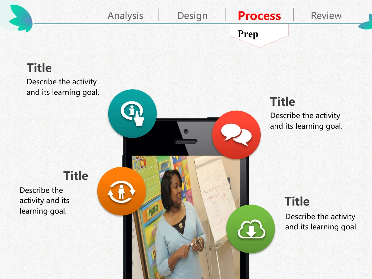 Colorful Petal Teaching Plan Presentation Template: A black phone frame contains a teacher photograph. Four coloured circular icons and four note blocks surround the phone.