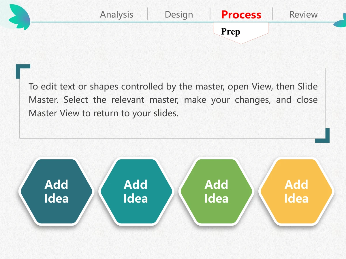 Colorful Petal Teaching Plan Presentation Template: A wide thin note frame with teal corner accents sits above four shaded hexagons. Dark teal, teal, green and yellow distinguish their labels.