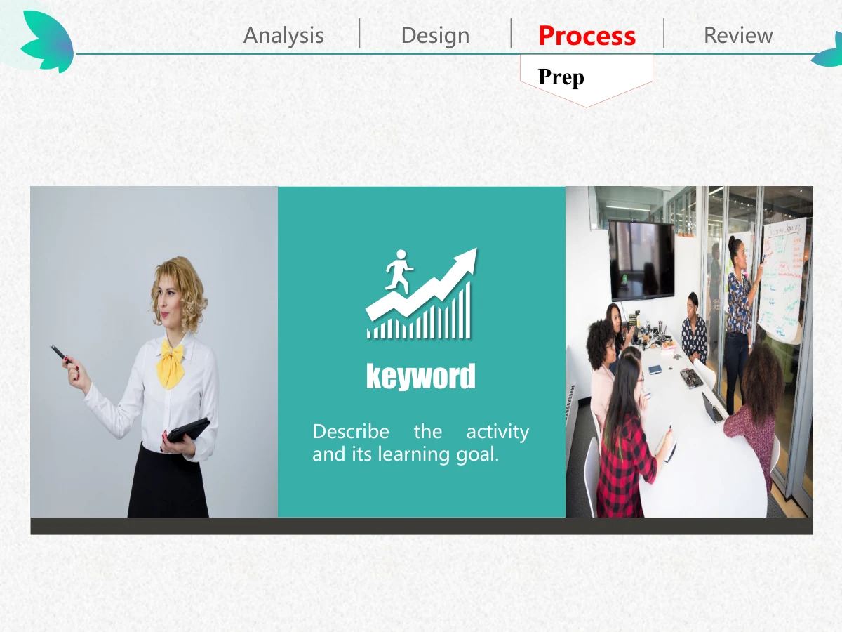 Colorful Petal Teaching Plan Presentation Template: A teacher photograph and a meeting photograph flank a teal panel. A rising-arrow illustration and a short heading sit above the central note area.
