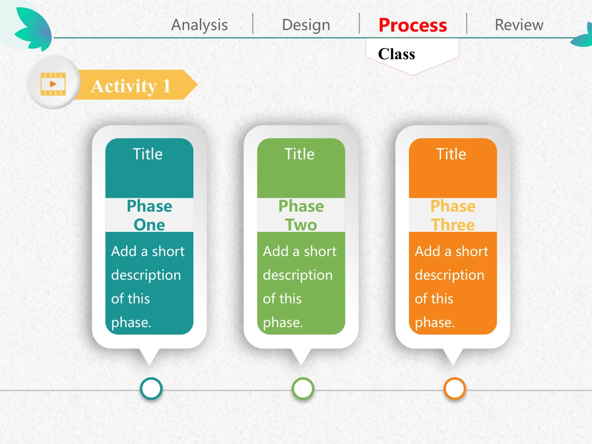 Colorful Petal Teaching Plan Presentation Template: Three tall rounded cards in teal, green and orange stand over a thin horizontal line. Each card has a stage label, a note area and a pointed lower edge.
