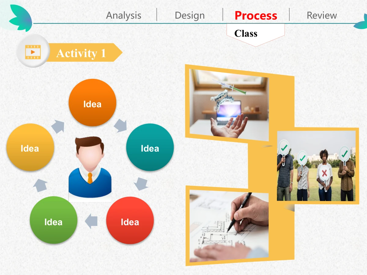 Colorful Petal Teaching Plan Presentation Template: Five coloured circles and small arrows surround a person icon on the left. Three yellow-framed photos form a staggered composition on the right.