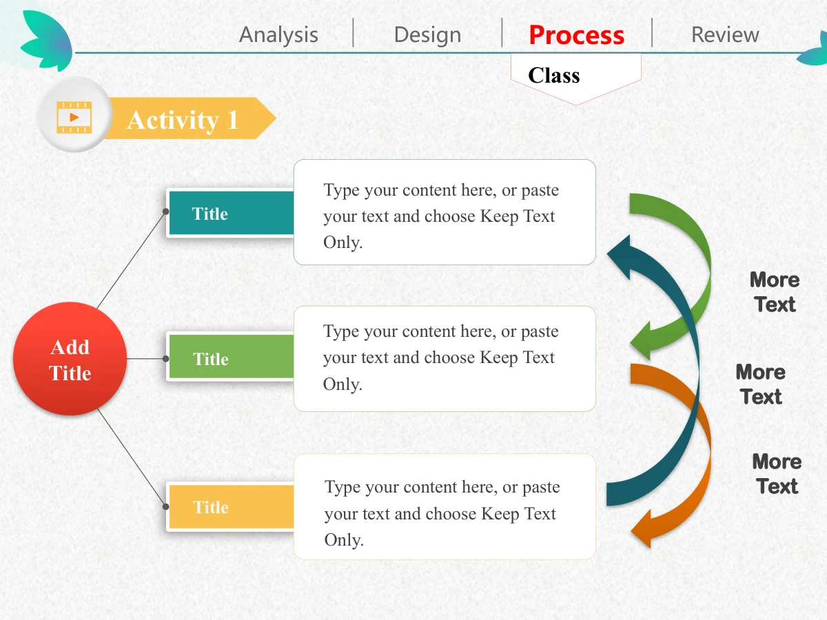 Colorful Petal Teaching Plan Presentation Template: A coral circle branches into three coloured labels with white note panels. Three curved arrows beside the panels provide separate supplementary connections.