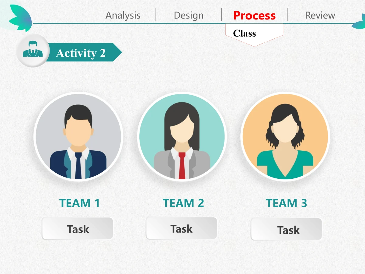 Colorful Petal Teaching Plan Presentation Template: Three circular avatar portraits sit in a row above short role labels and shaded task-name panels. Grey, teal and pale orange backgrounds distinguish the portraits.