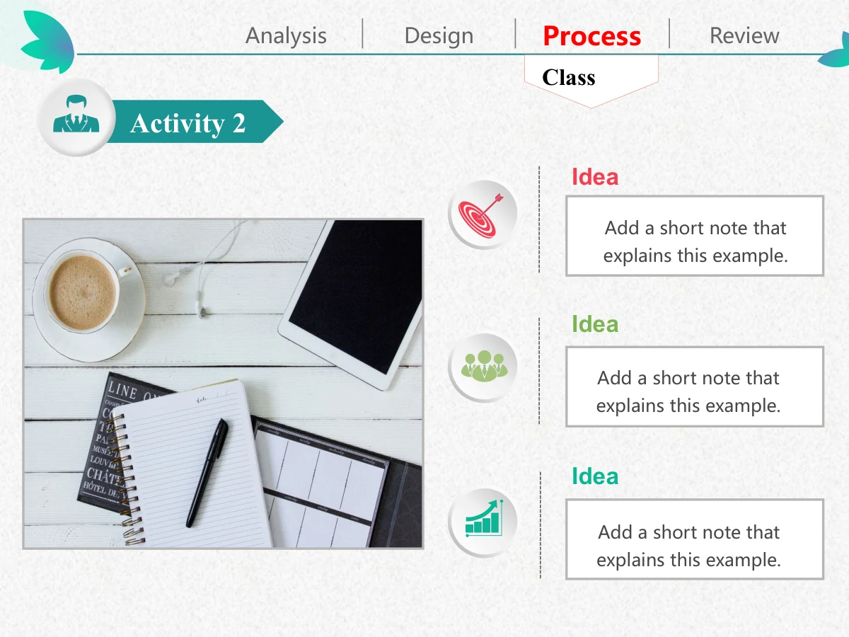 Colorful Petal Teaching Plan Presentation Template: A rectangular photo of coffee, a tablet and notebooks fills the left. Target, people and growth icons accompany three stacked note areas on the right.