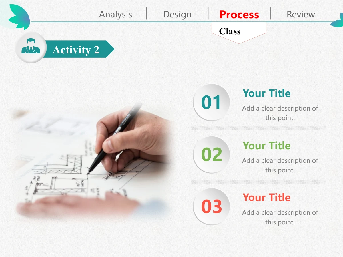 Colorful Petal Teaching Plan Presentation Template: A softly faded photograph of a hand drawing a plan sits left. Three shaded circles numbered 01–03 align with short teal, green and coral notes on the right.