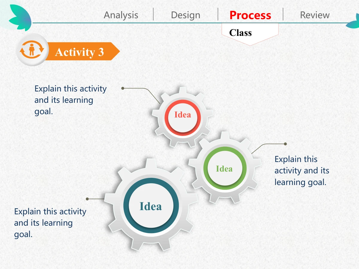 Colorful Petal Teaching Plan Presentation Template: Three large white gears with coral, dark teal and green centres form a linked cluster. Leader lines connect each gear to its own short note.