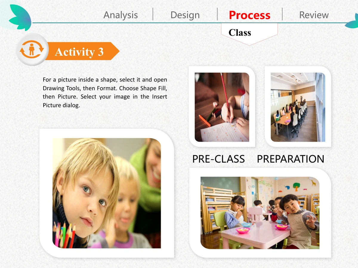 Colorful Petal Teaching Plan Presentation Template: Four rounded white frames show children, writing and classroom activity. A note block sits at upper left, with PRE-CLASS PREPARATION between the photo groups.