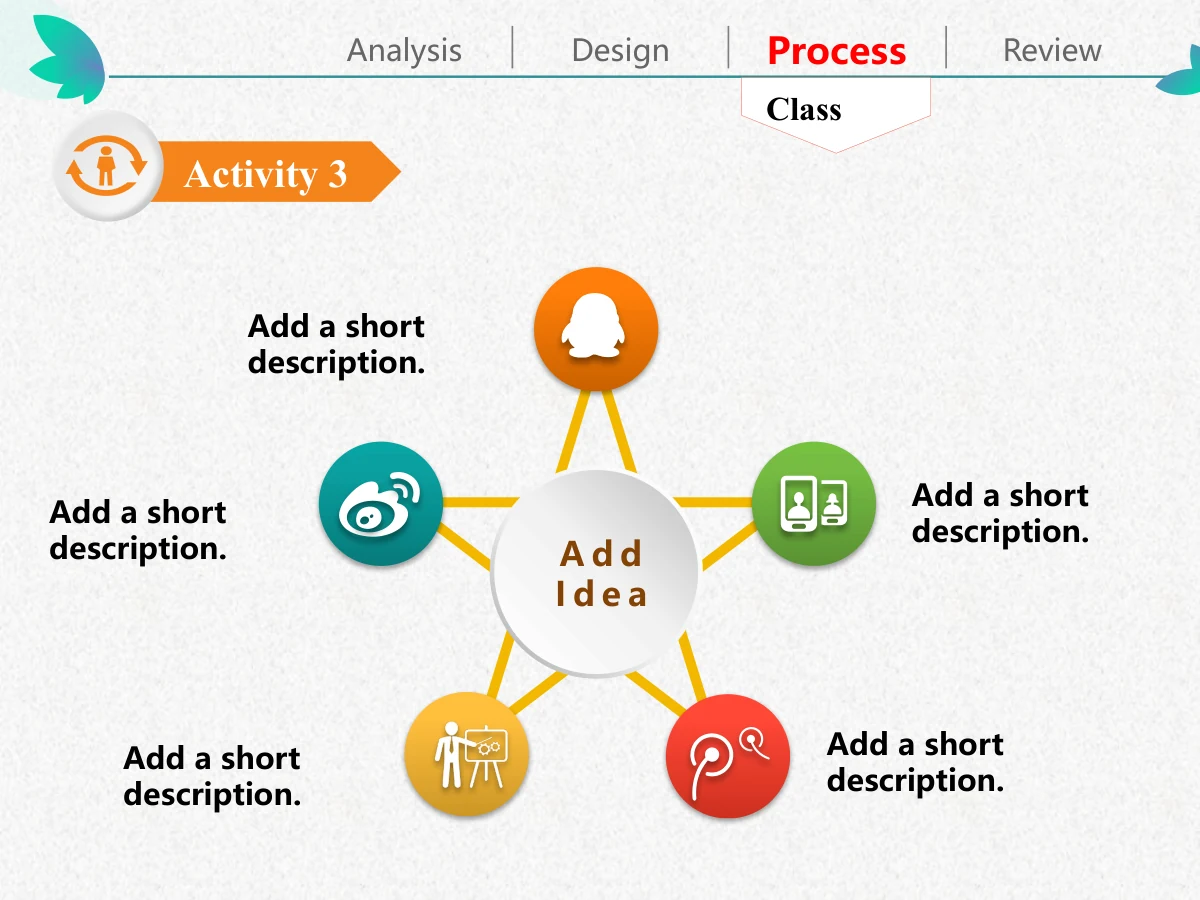 Colorful Petal Teaching Plan Presentation Template: A shaded white disc sits inside a yellow star-like connection. Five coloured icon circles surround it, with short notes positioned around the outer edge.