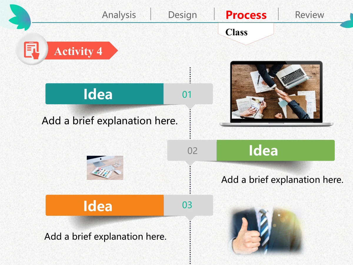 Colorful Petal Teaching Plan Presentation Template: Three alternating teal, green and orange bars meet a dotted vertical line with numbered tabs. Laptop, desk and thumbs-up photos accompany the row descriptions.