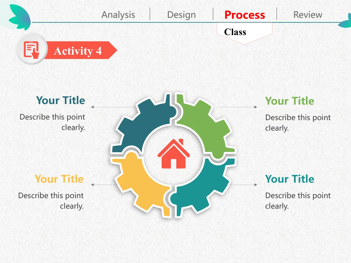 Colorful Petal Teaching Plan Presentation Template: Four coloured interlocking gear-like pieces form a ring around a coral house icon. Four short note columns surround the central diagram.