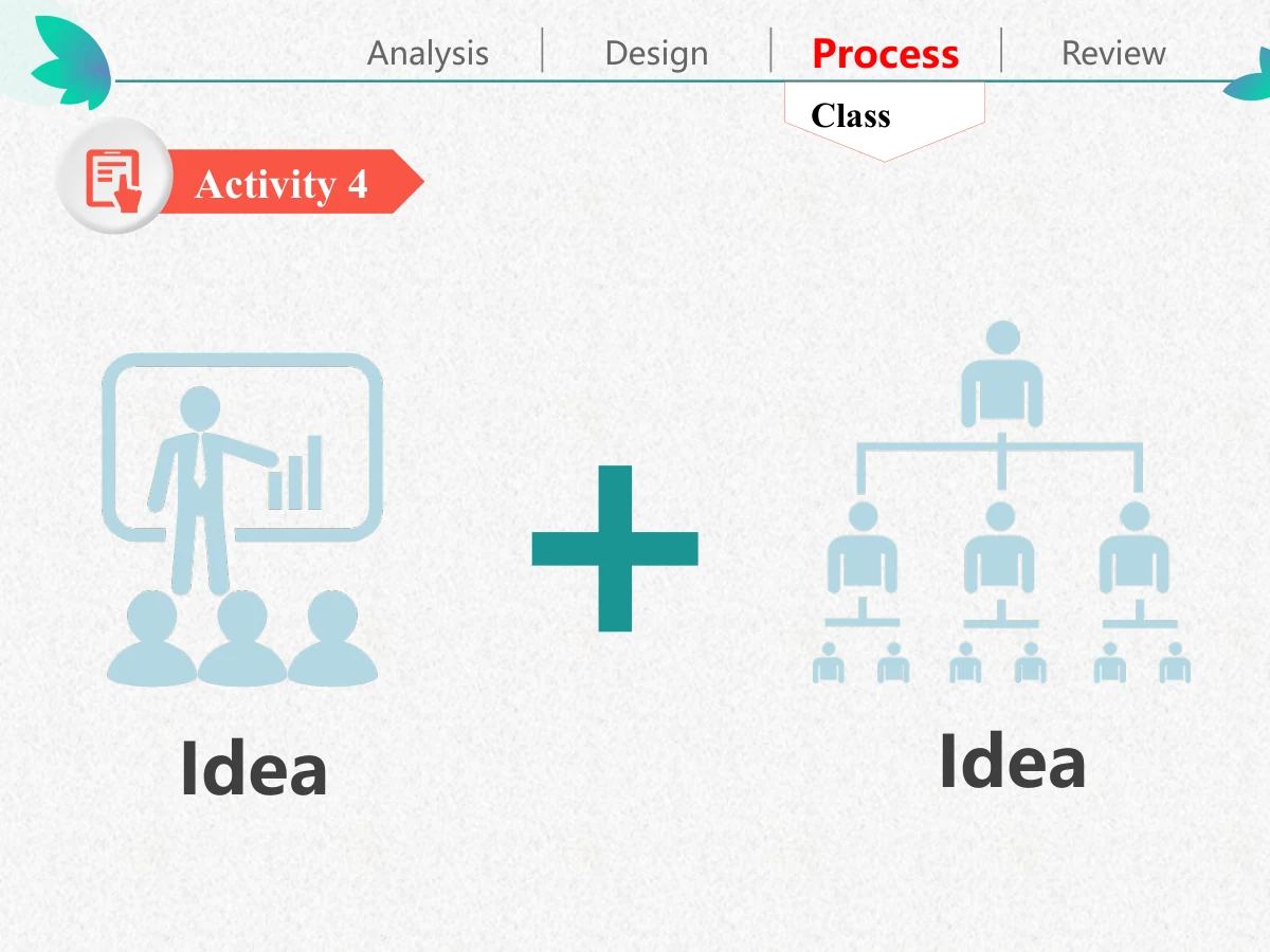 Colorful Petal Teaching Plan Presentation Template: A classroom-presentation symbol and a branching people hierarchy sit on opposite sides of a large teal plus sign. Short label areas sit beneath the two illustrations.