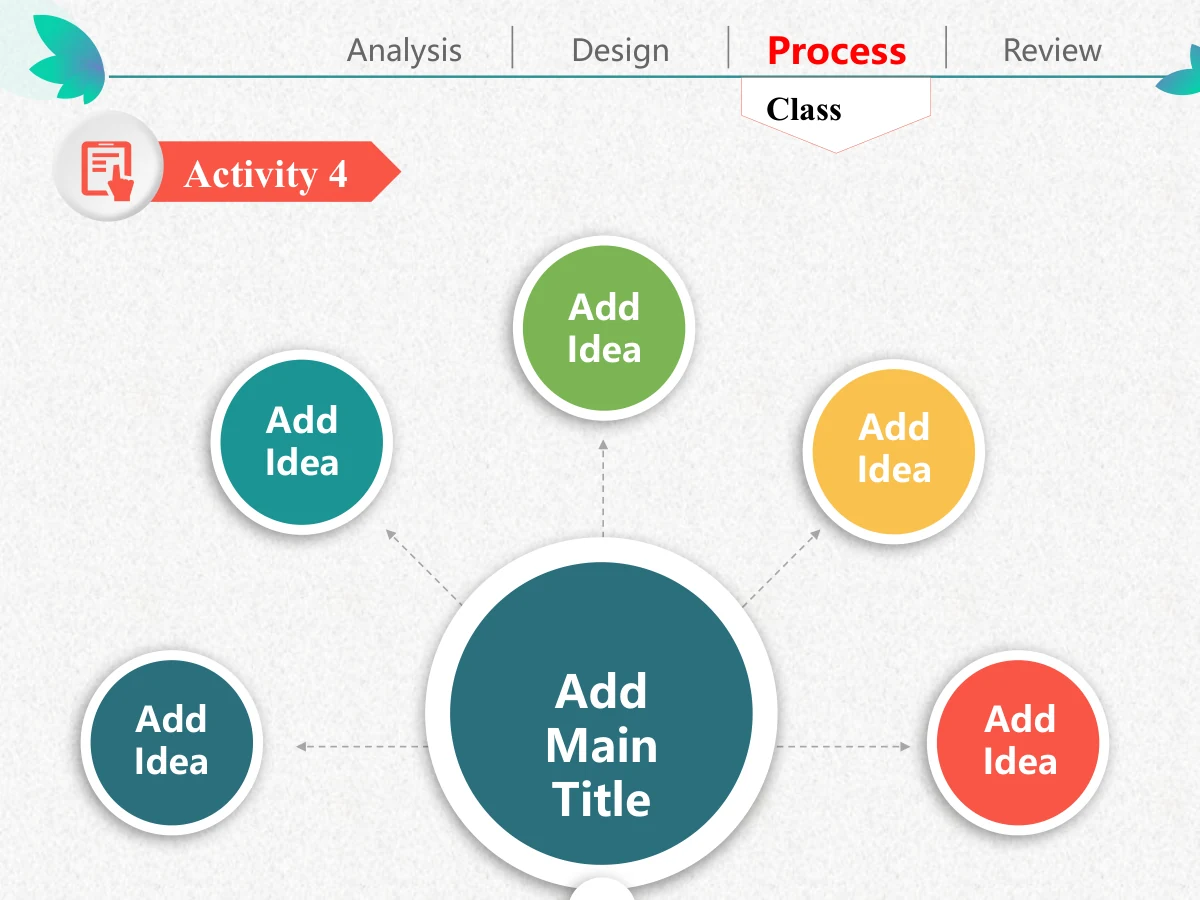 Colorful Petal Teaching Plan Presentation Template: Five smaller shaded circles in different colours surround a large dark teal centre. Dotted arrows connect the central label to each outer keyword circle.