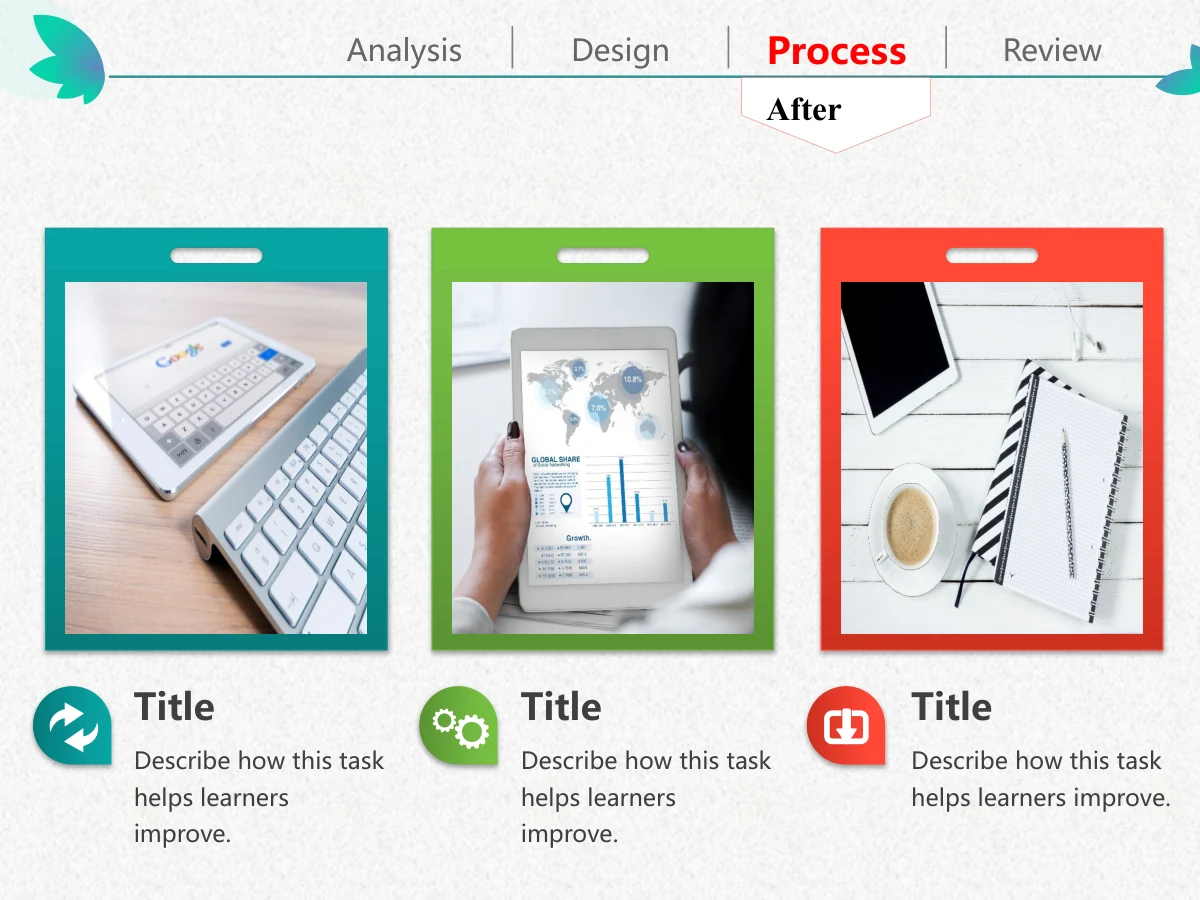 Colorful Petal Teaching Plan Presentation Template: Teal, green and coral rectangular frames hold photos of tablets and a desk. Each column has a small icon, a short title and a note area below.