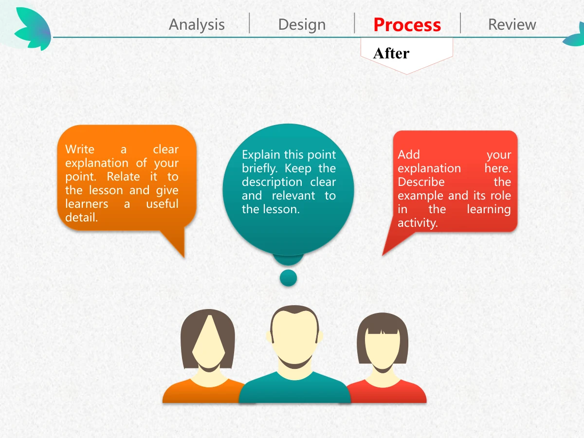 Colorful Petal Teaching Plan Presentation Template: Three illustrated people sit beneath orange, teal and coral note bubbles. The centre uses small thought circles; the outer bubbles have pointed tails.