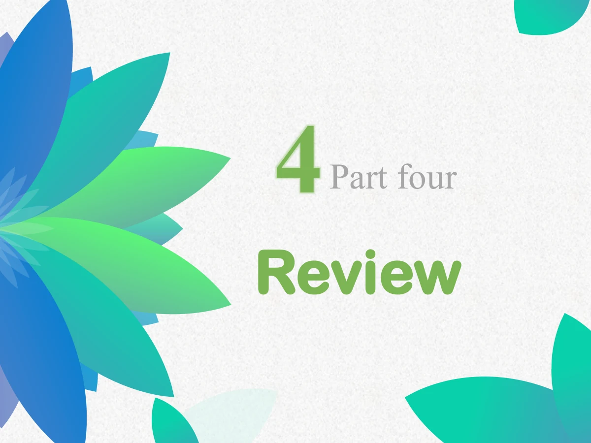 Colorful Petal Teaching Plan Presentation Template: Layered blue-green petals fill the left side. A green 4, Part four and the chapter-title area introduce reflection on the textured white background.