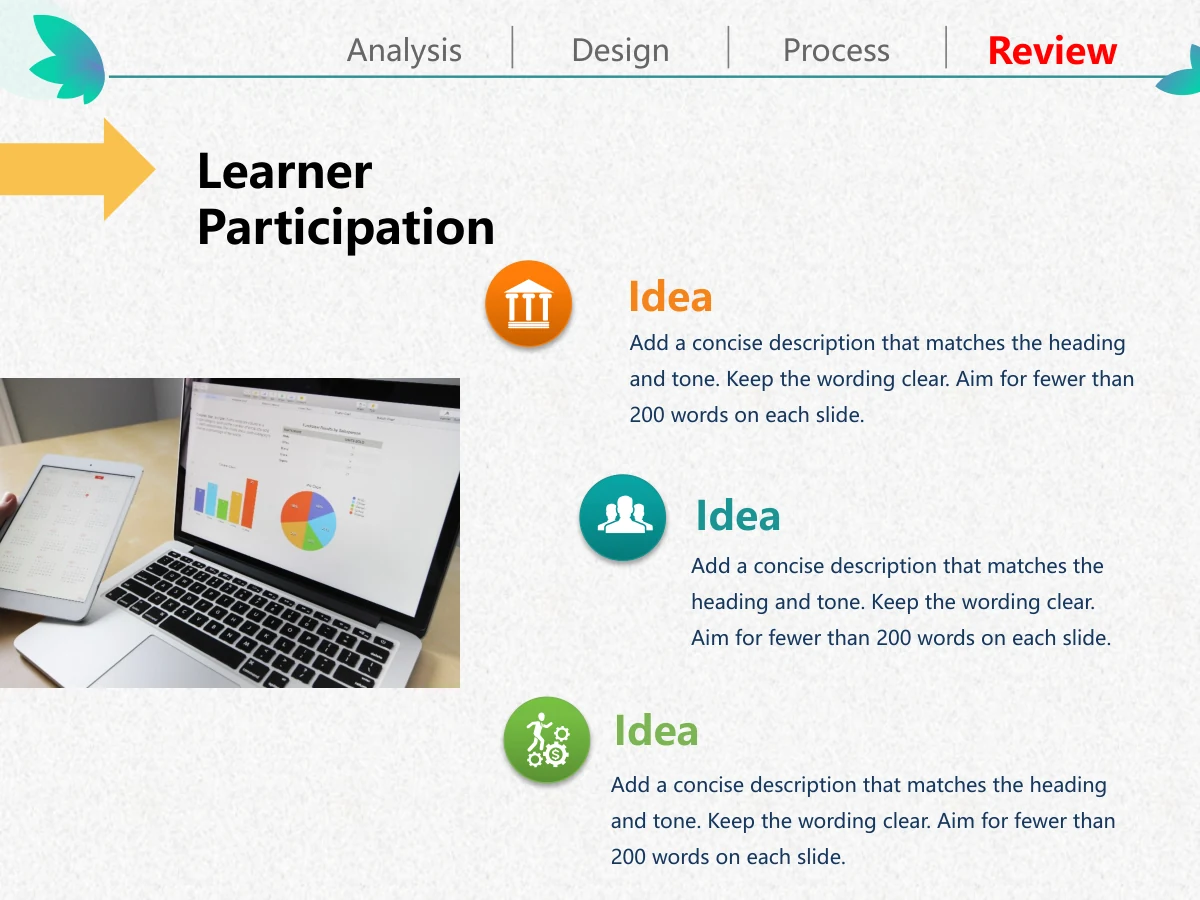 Colorful Petal Teaching Plan Presentation Template: A laptop-and-tablet photograph occupies the left. Three coloured circular icons accompany short reflection notes on the right beneath a yellow arrow heading.