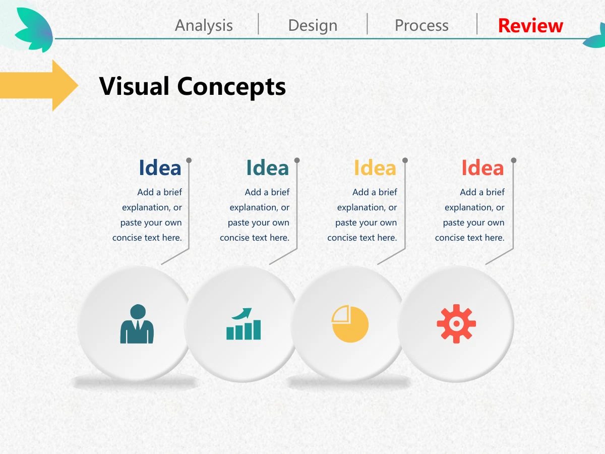 Colorful Petal Teaching Plan Presentation Template: Four white shaded discs carry people, growth, pie and gear symbols. Thin leader lines connect each disc to a coloured keyword and short note above.