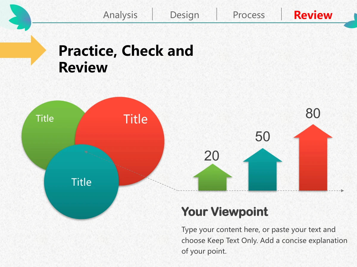 Colorful Petal Teaching Plan Presentation Template: Three overlapping green, coral and teal circles sit left of three upward arrows. The arrows carry the sample values 20, 50 and 80 above a shared explanation area.