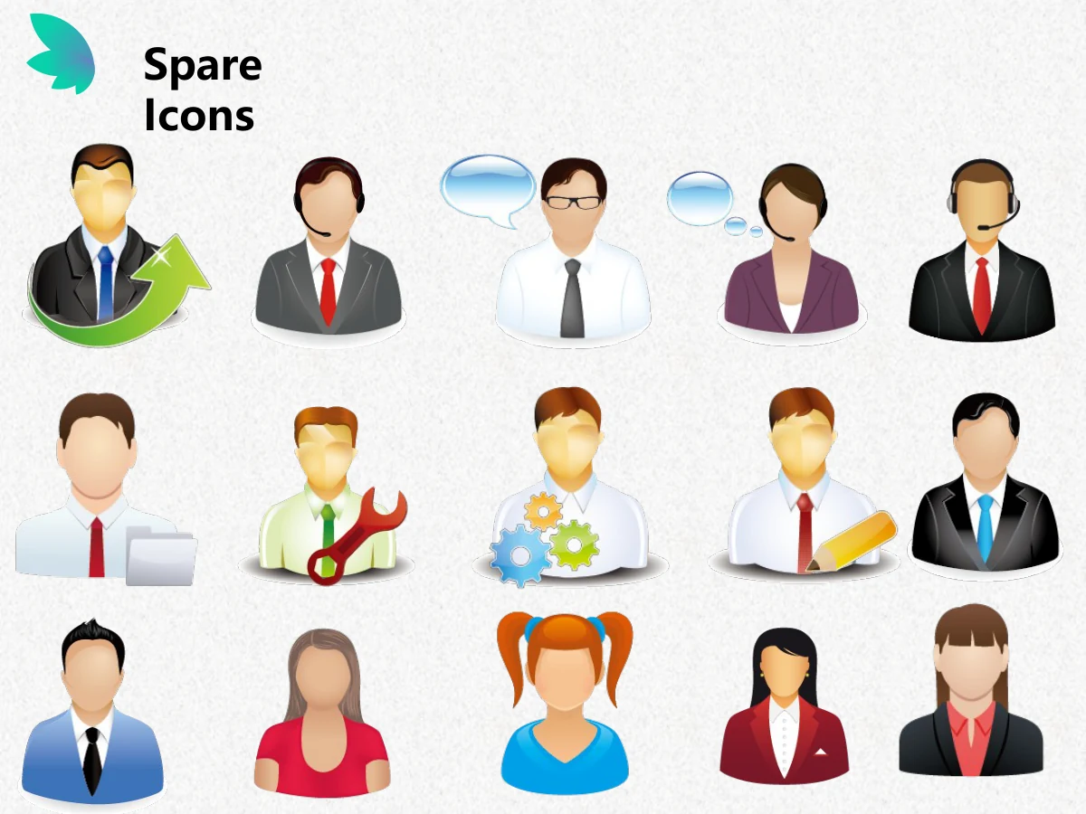 Colorful Petal Teaching Plan Presentation Template: Fifteen illustrated people form a three-row reference sheet. Headsets, a wrench, gears, a folder and other role details distinguish the avatars.