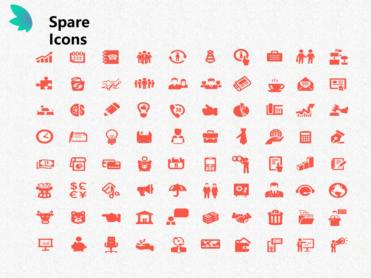 Colorful Petal Teaching Plan Presentation Template: A dense grid of small coral symbols includes people, calendars, tools, media, finance and workplace motifs. This spare icon sheet follows the closing page.