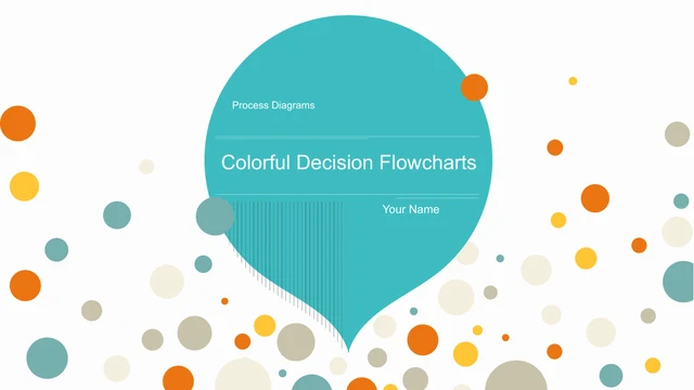 Bentuk besar bucu bulat berwarna biru kehijauan memuatkan Colorful Decision Flowcharts, Process Diagrams dan Your Name, dikelilingi titik berwarna.