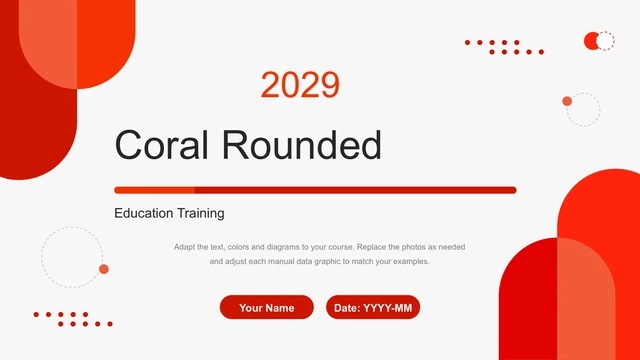 Coral Rounded and Education Training appear among layered red rounded corners, dot patterns and a horizontal red rule.