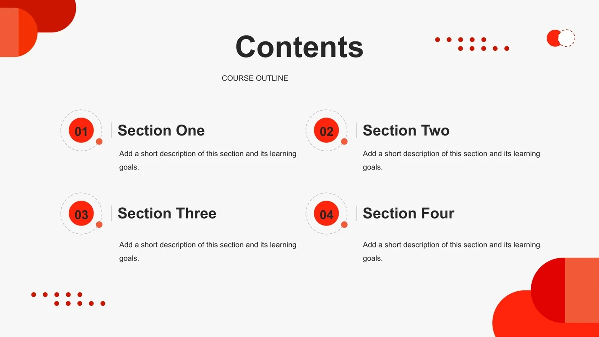 Four red numbered circles accompany Section One, Section Two, Section Three and Section Four on a pale background.