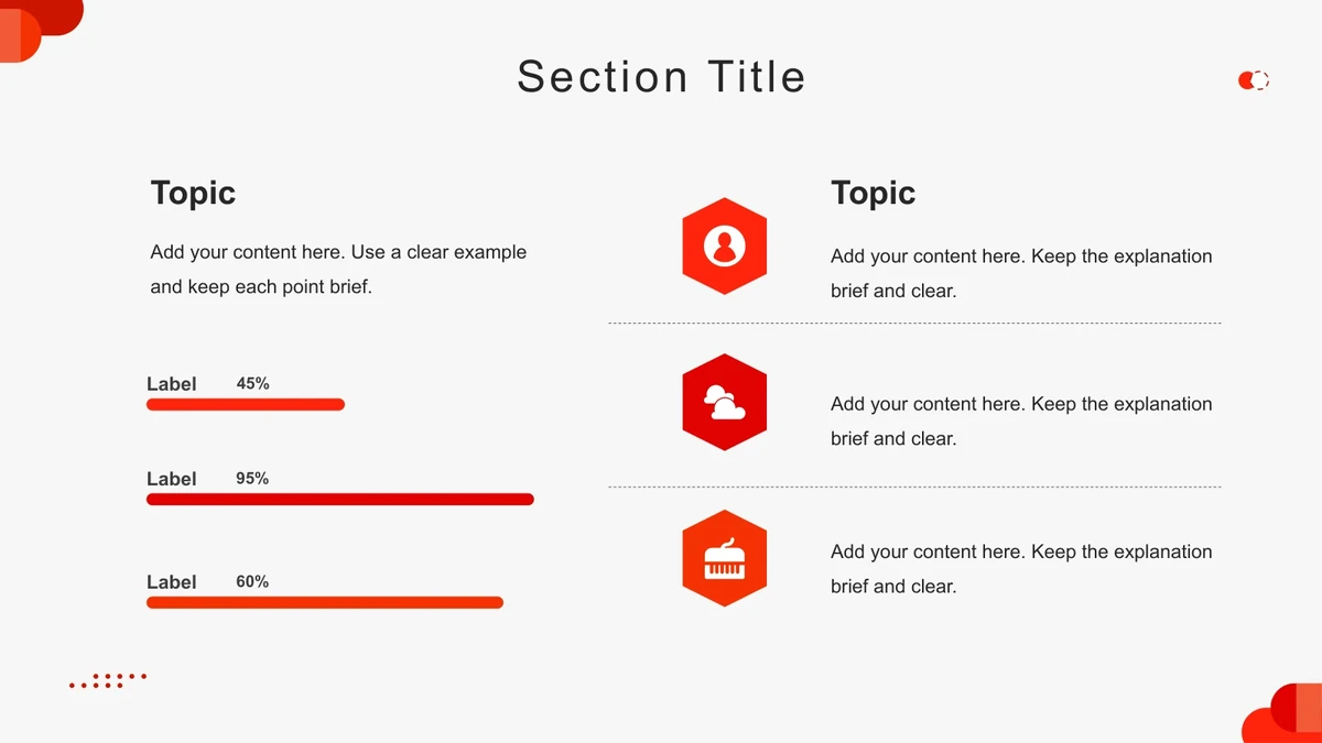 Three horizontal percentage bars sit beneath a Topic note, opposite three red hexagons containing white symbols.