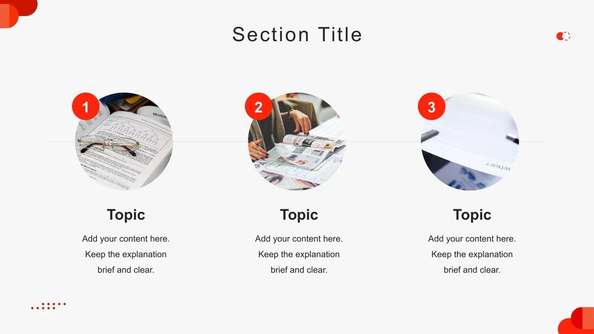 Three numbered circular crops show reading material, magazines and a document, with a Topic note beneath each.