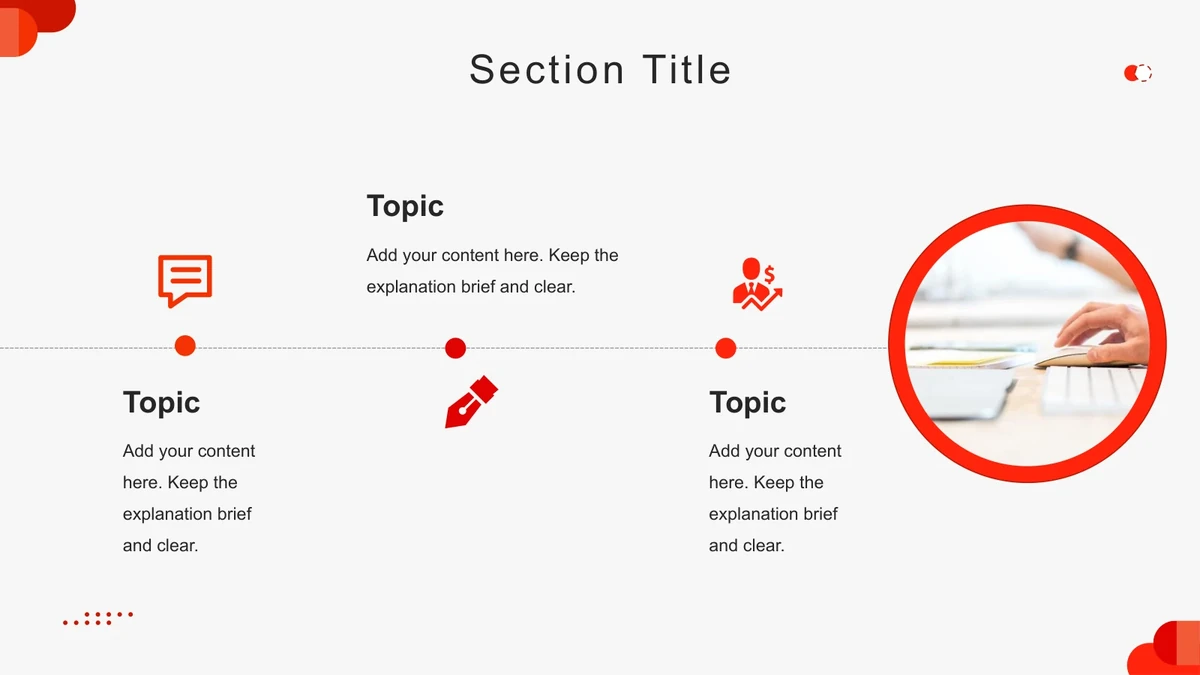 Three white-and-red symbols follow a dotted horizontal line toward a circular photograph of hands at a keyboard.