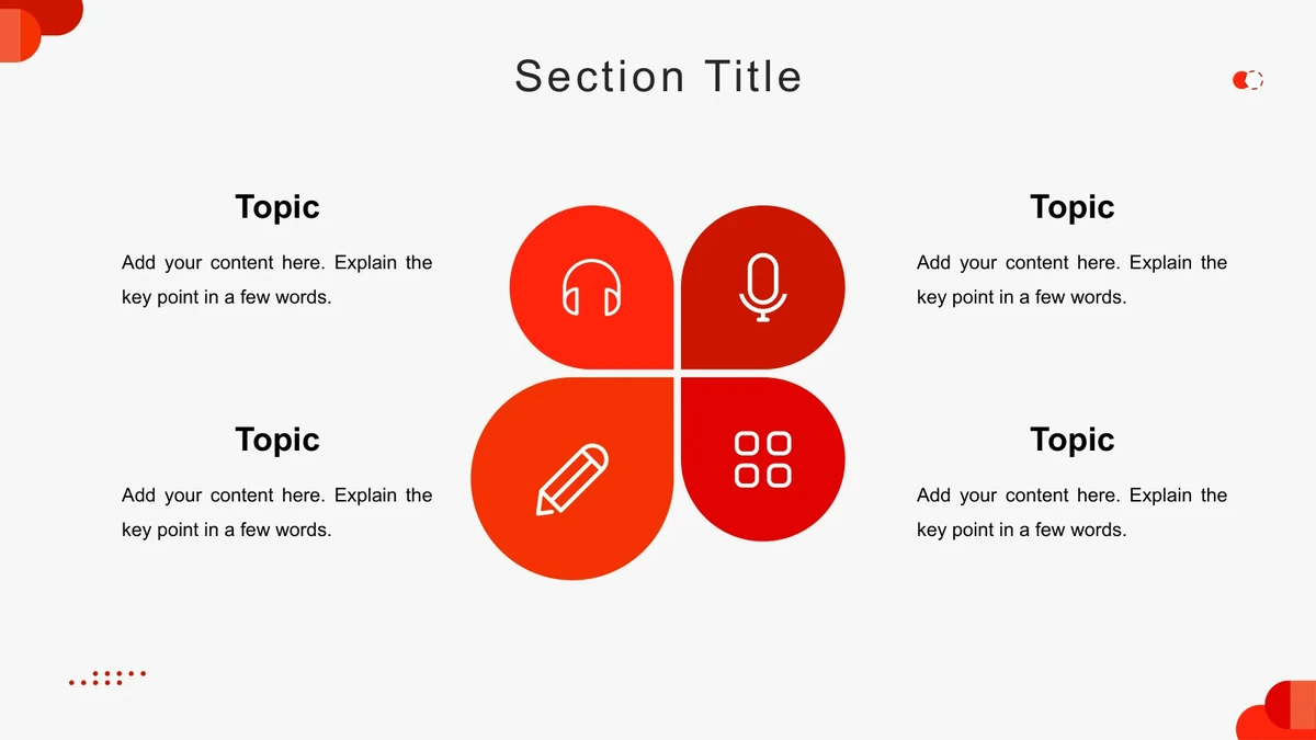 Four rounded red petals containing headphones, a microphone, a pencil and small squares form a central diagram.