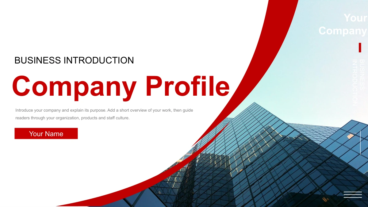 Crimson Arc Company Profile Presentation Template: Slide 1. Red curved bands frame a glass-office photograph, company placeholder and presentation title.